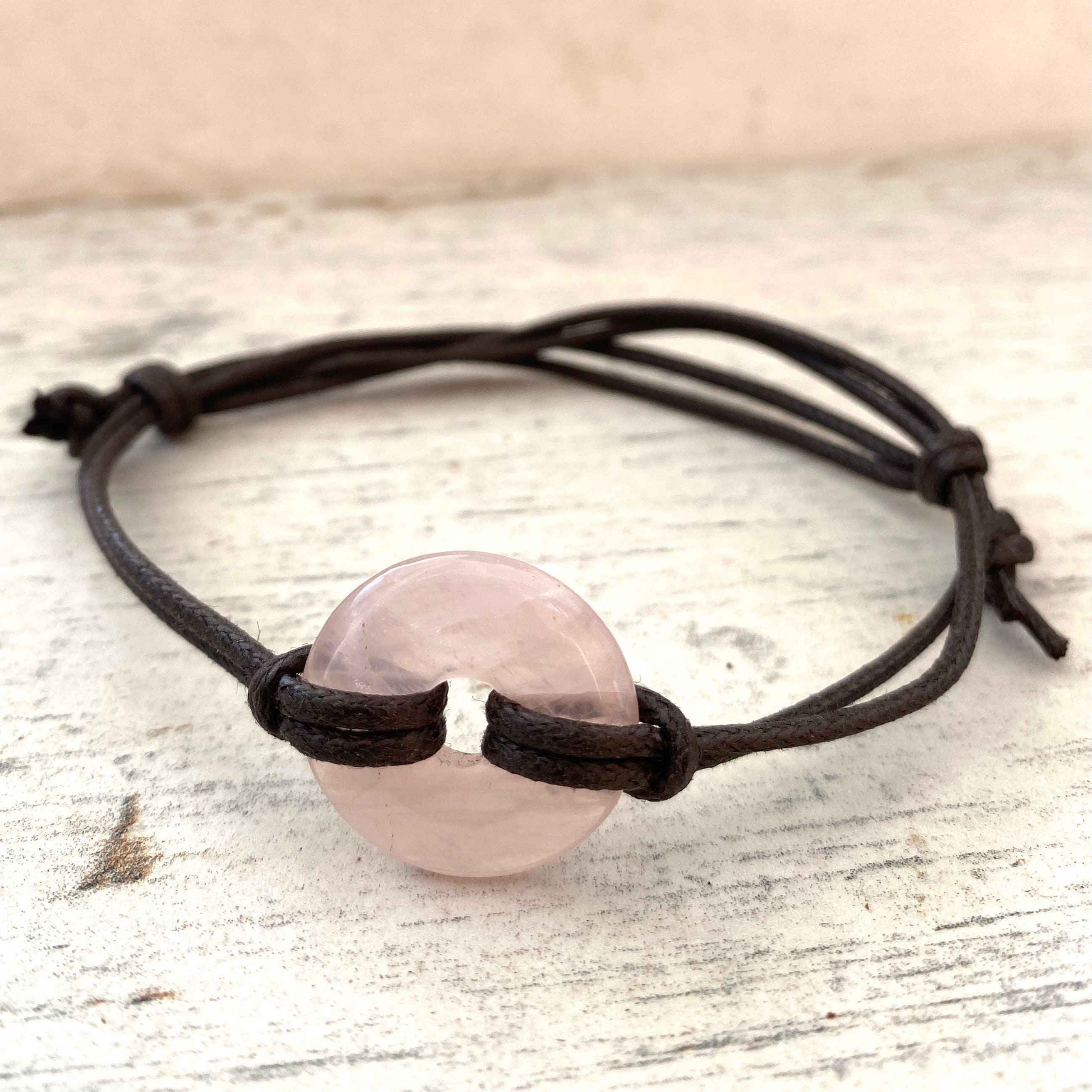 Rose Quartz Bracelet For Her, Leather Friendship Bracelet: Adjustable Gemstone Gift
