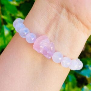 Rose Quartz Fox Bracelet: Pink Gemstone Round Bead Charm