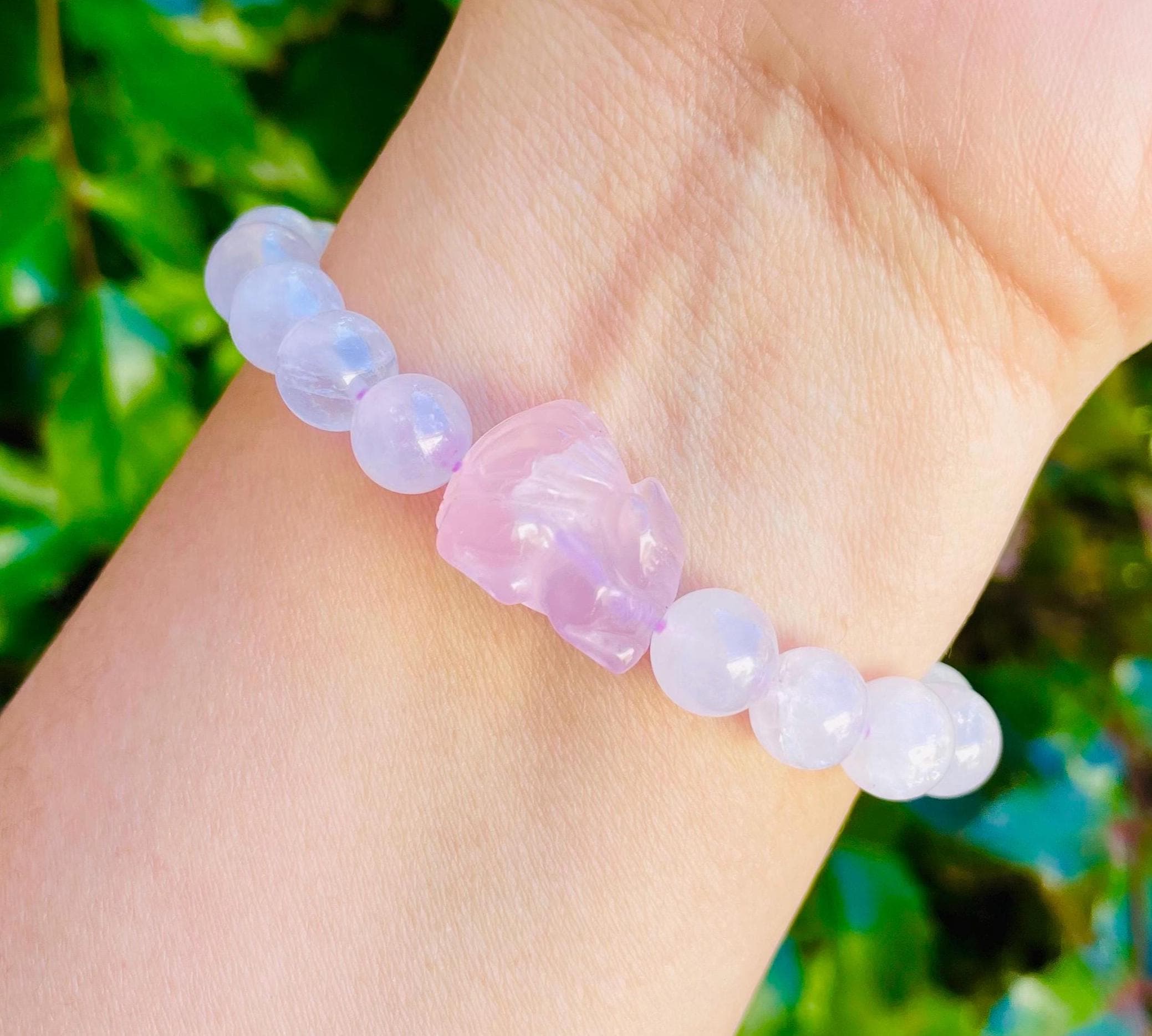 Rose Quartz Fox Bracelet: Pink Gemstone Round Bead Charm