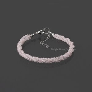 Rose Quartz Gemstone Bracelet, 925 Sterling Silver, Beaded Twisted Strand