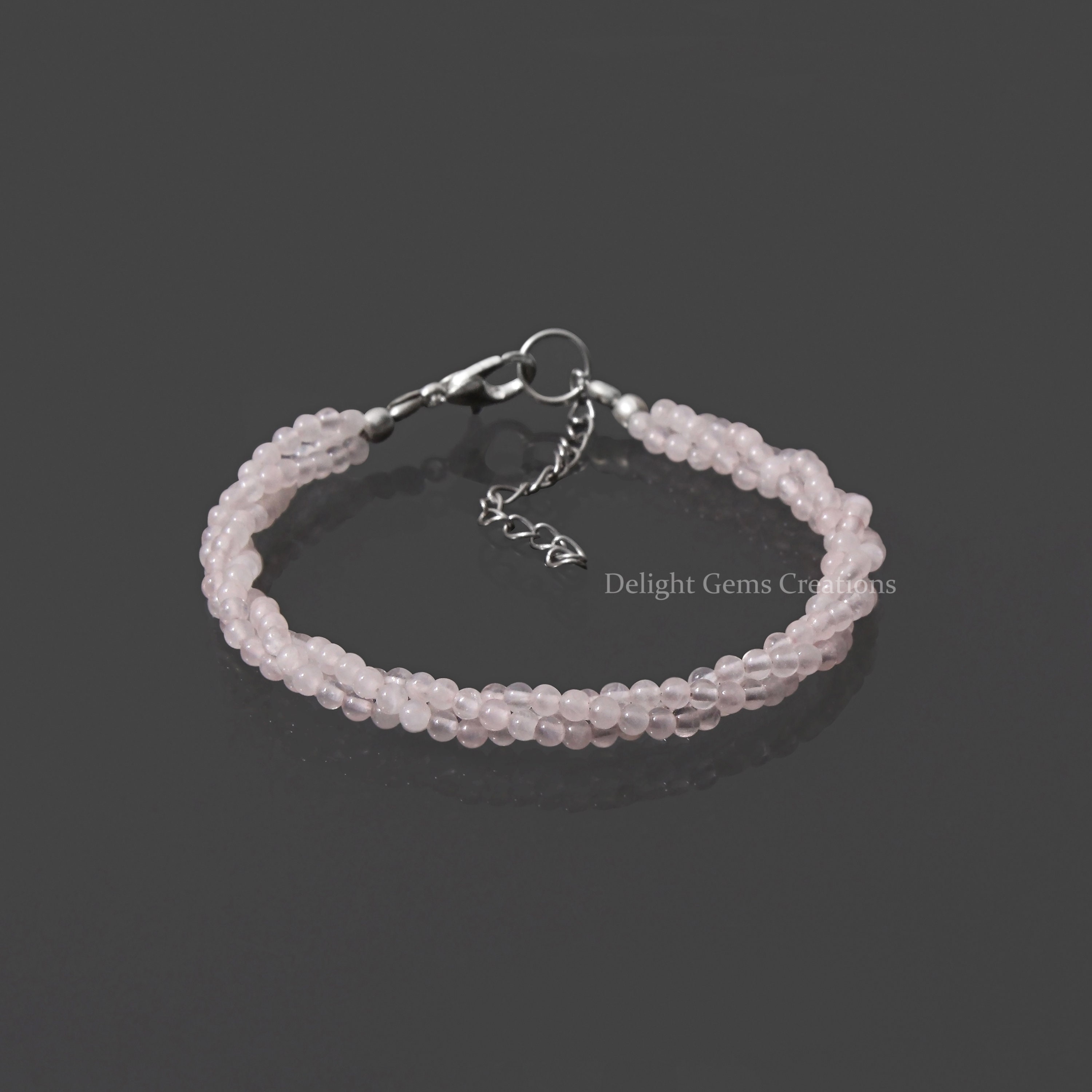 Rose Quartz Gemstone Bracelet, 925 Sterling Silver, Beaded Twisted Strand