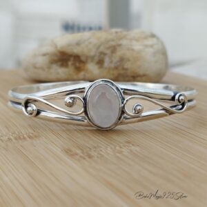 Rose Quartz Gemstone Bangle / Handmade 925 Silver Jewelry / Dainty Cuff Bracelet