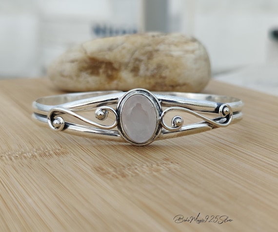Rose Quartz Gemstone Bangle / Handmade 925 Silver Jewelry / Dainty Cuff Bracelet Rose Quartz Gemstone Bangle / Handmade 925 Silver Jewelry / Dainty Cuff Bracelet