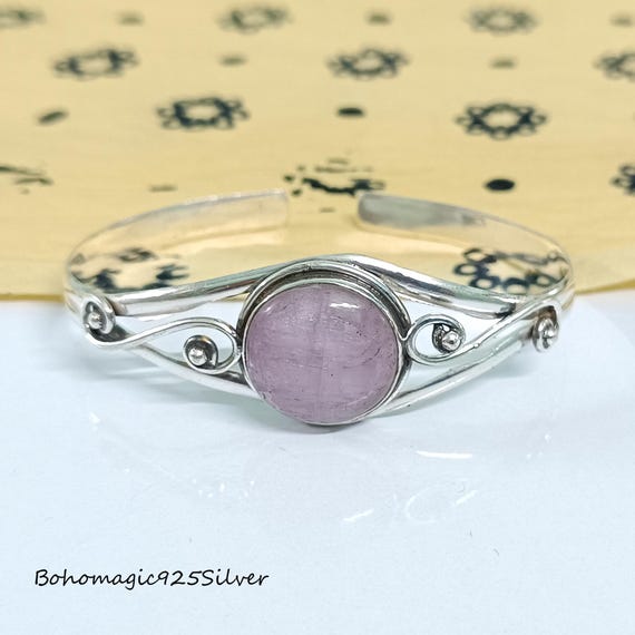 Handmade Rose Quartz 925 Sterling Silver Bangle Bracelet