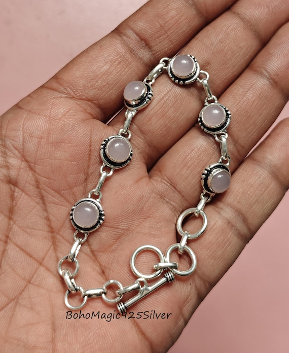 Handmade Rose Quartz 925 Sterling Silver Bracelet