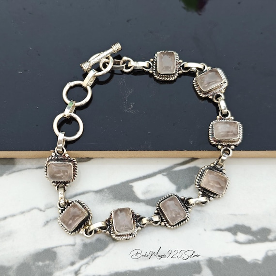 Handmade Rose Quartz Bracelet: 925 Sterling Silver Gemstone Jewelry