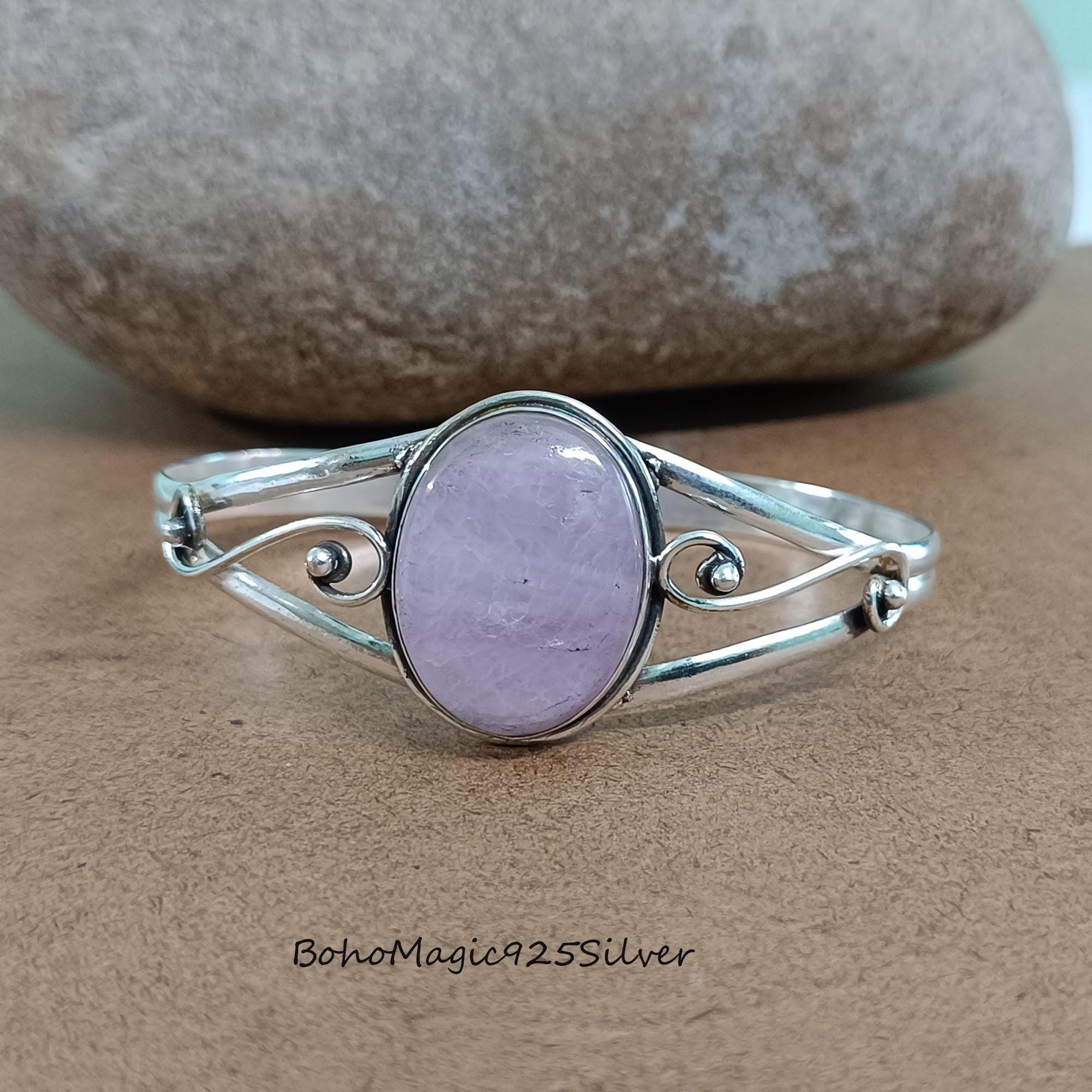 Handmade Rose Quartz 925 Silver Bangle: Adjustable Cuff Bracelet