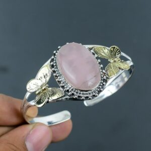 Handmade Rose Quartz Cuff Bracelet: Sterling Silver Butterfly Bangle
