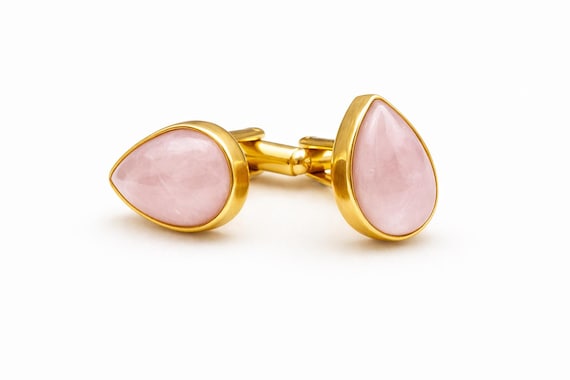 Handmade Pear Rose Quartz Cuff Links: 925 Sterling Silver