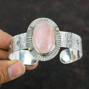 Handmade Rose Quartz Sterling Silver Cuff Bracelet - Adjustable Bangle