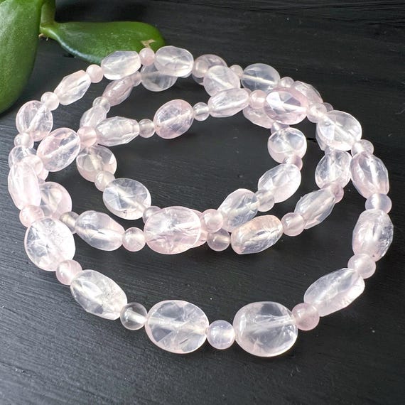 Star Rose Quartz Bracelet, Faceted Oval & Round Beads, Light Pink Crystal