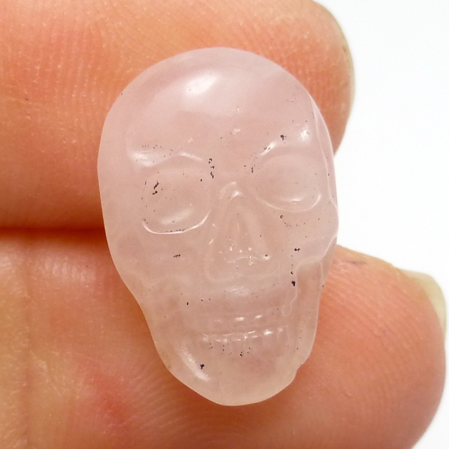7 Carats Rose Quartz Crystal Cabochon Skull Pink Translucent Small Handmade Carved Halloween Day Of The Dead Biker Carving Halloween