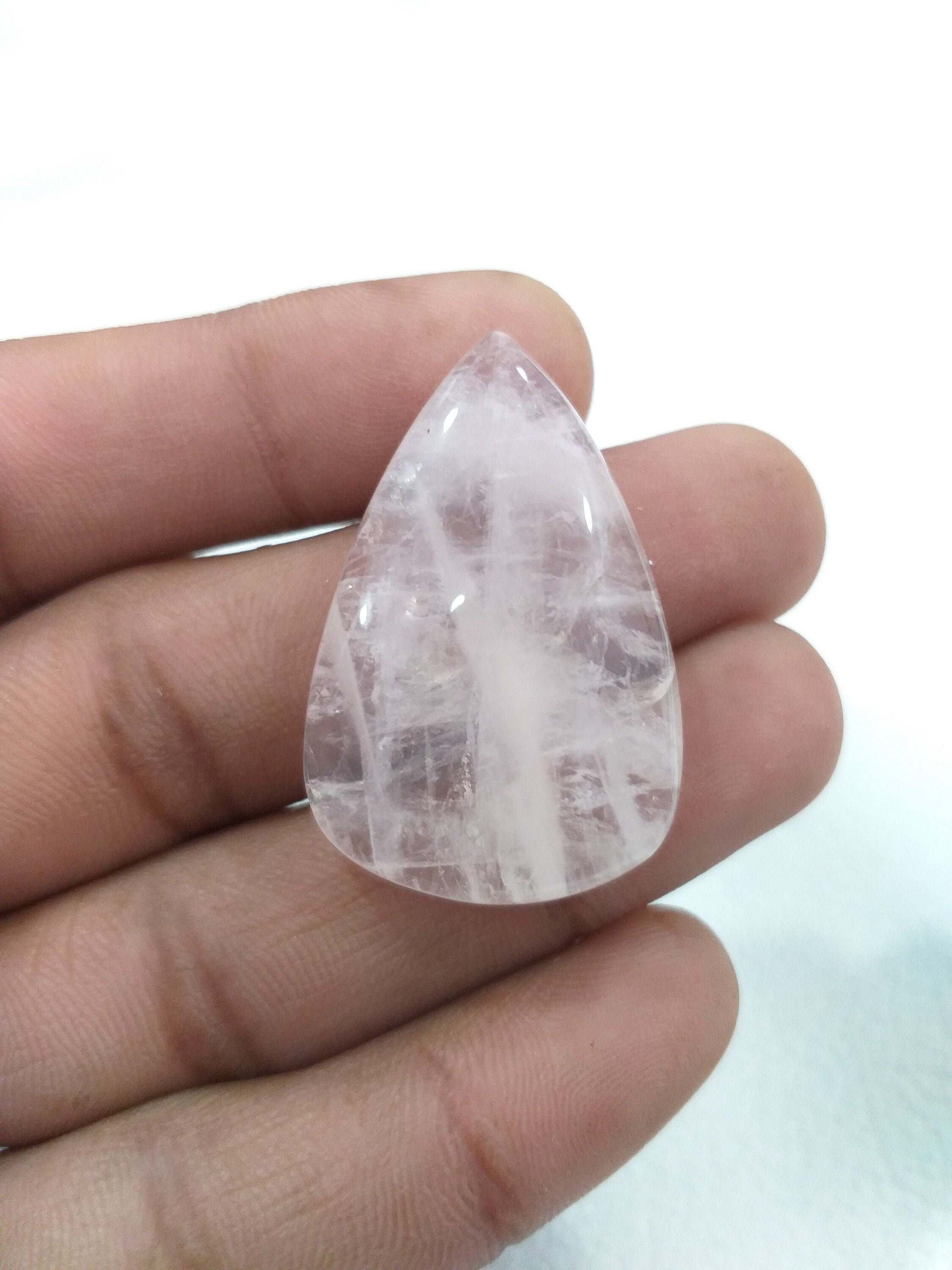 Pear Shape Rose Quartz Cabochon, Polished Gemstone For Pendant (38x24x8 Mm)