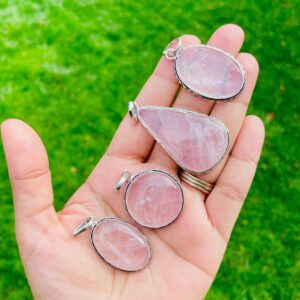 Silver Framed Rose Quartz Pendant: Oval & Teardrop Cabochon
