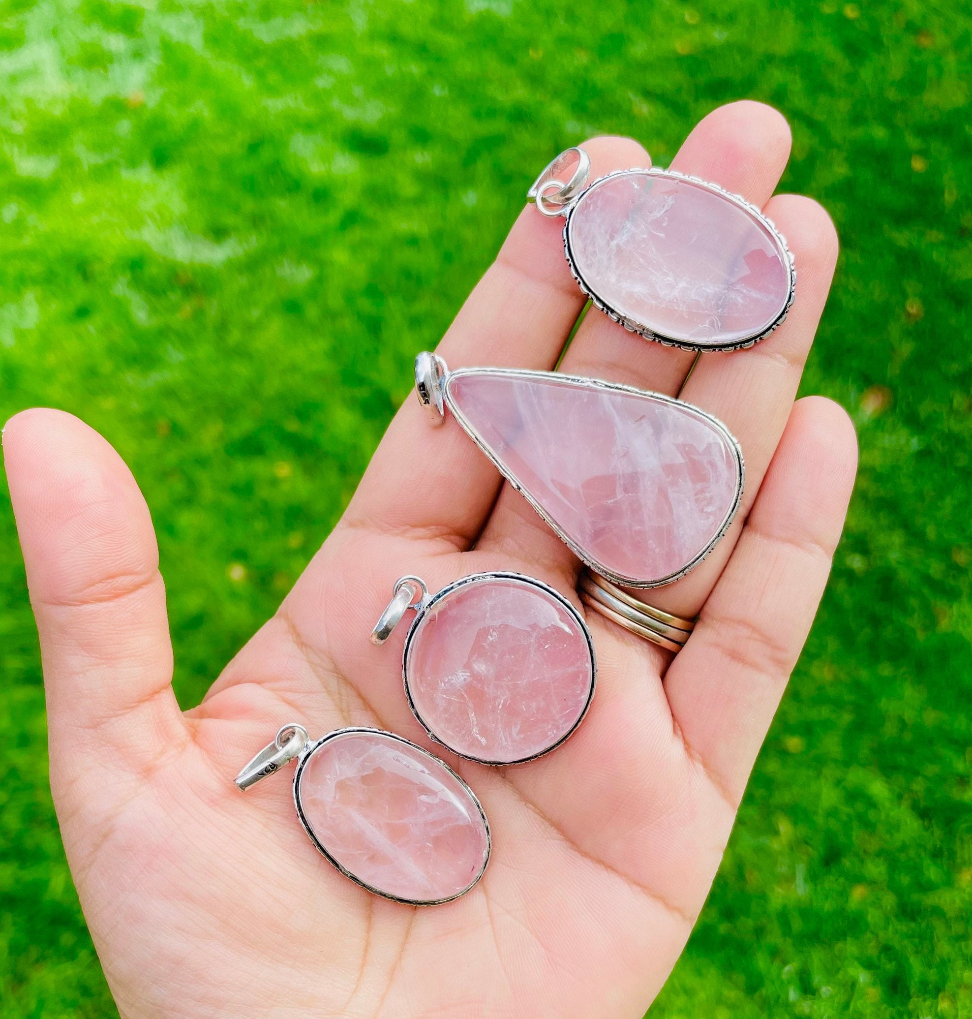 Silver Framed Rose Quartz Pendant: Oval & Teardrop Cabochon