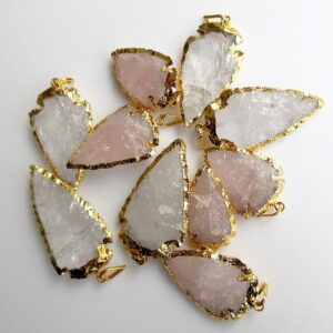 5 Rose Quartz Arrowhead Pendant, Quartz Crystal Gold Arrowhead Pendant, Electroplated Raw Gemstone Connectors, Huge 35-45mm, Sku-ah9550