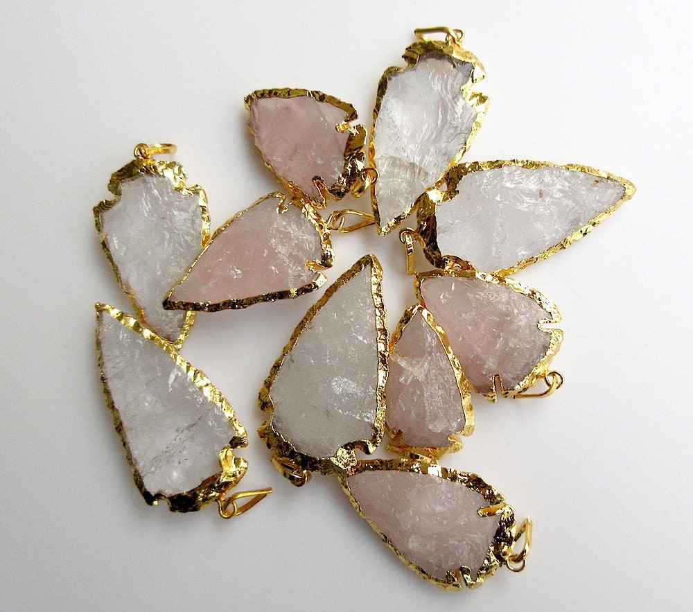 5 Rose Quartz Arrowhead Pendant, Quartz Crystal Gold Arrowhead Pendant, Electroplated Raw Gemstone Connectors, Huge 35-45mm, Sku-ah9550