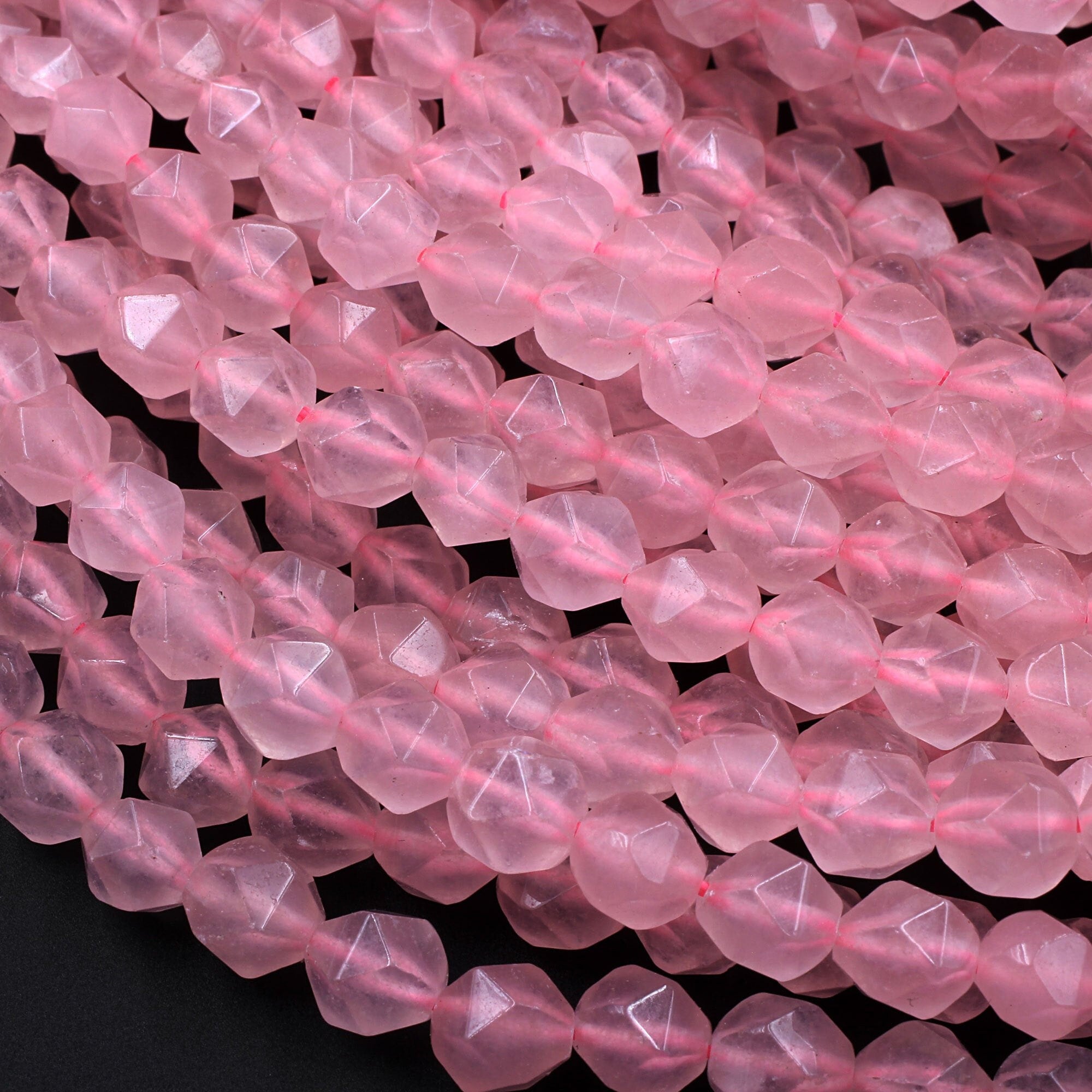 Star Cut Pink Rose Quartz Beads Faceted 8mm 10mm Rounded Nugget Sharp Facets 15" Strand