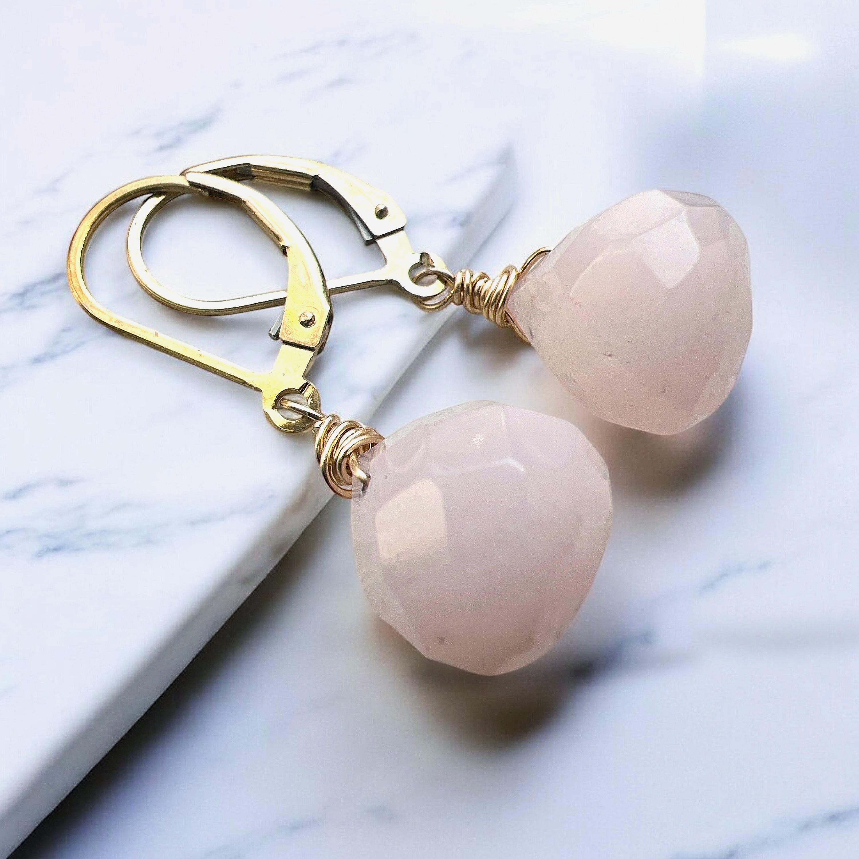 14k Gold Fill Rose Quartz Dangle Earrings: Pale Pink Gemstone