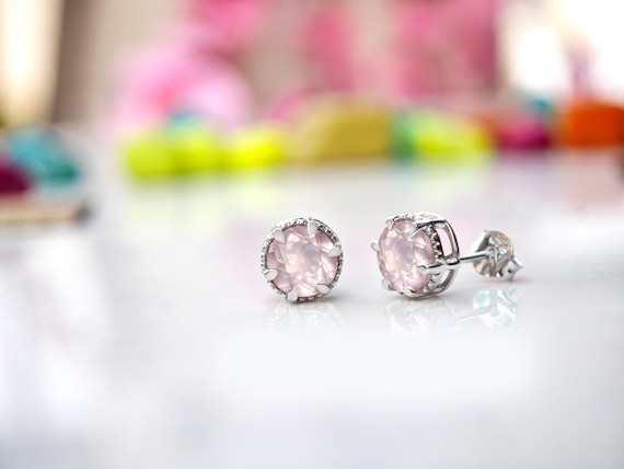 14k Gold Rose Quartz Stud Earrings For Her Round Shape Rose Quartz Pink Gemstone Earrings Dainty Statement Earrings Minimalist Stud Earrings