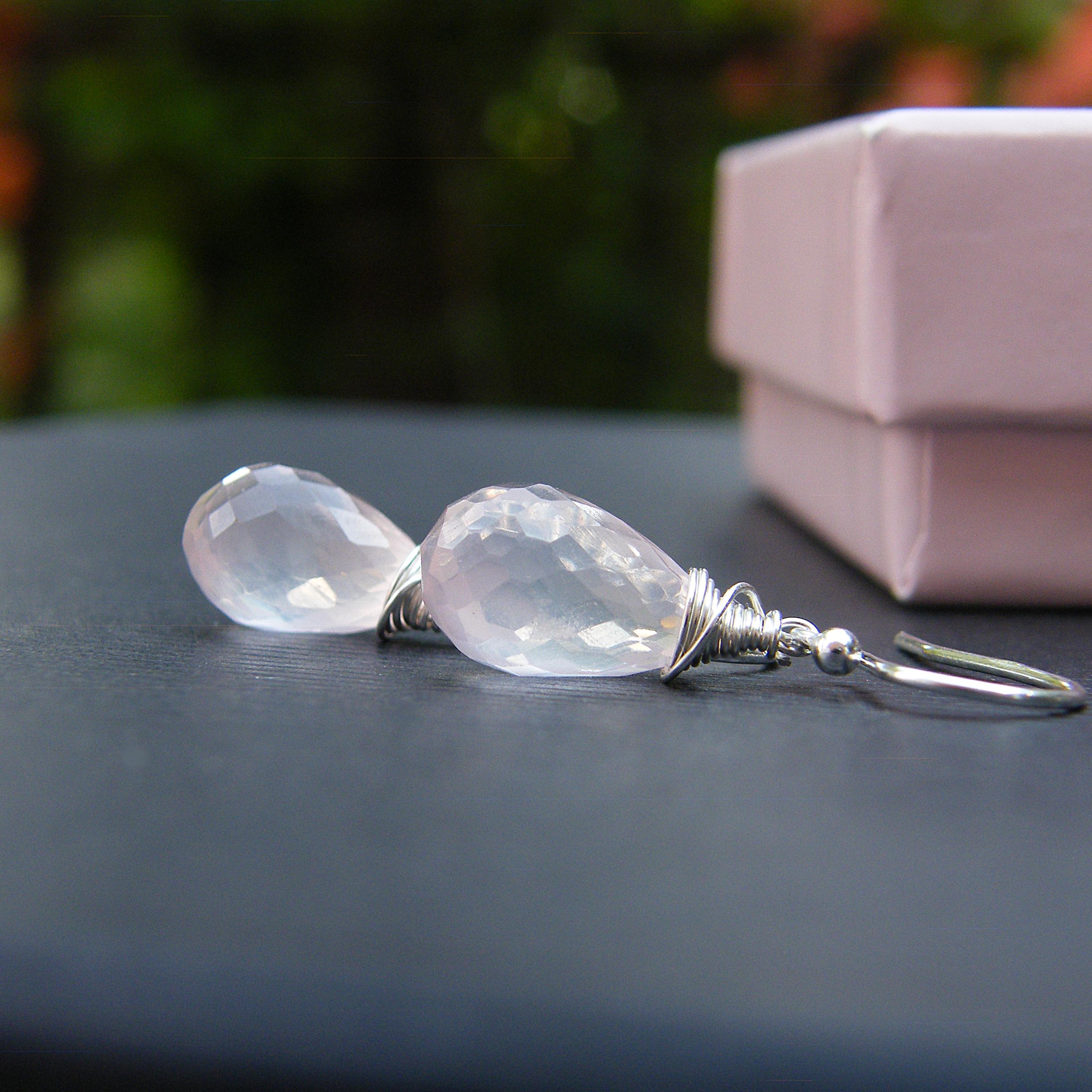 Rose Quartz Earrings 925 Sterling Silver, Light Pink Gemstone Full Teardrops On French Hooks, Bridal Jewellery, Spring Birthday Gift For Mum