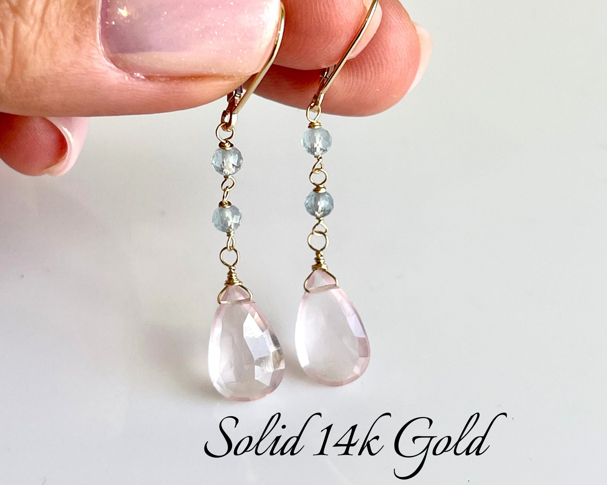 Rose Quartz And Aquamarine Earrings, Solid 14k Gold Pink And Blue Dangle Drops, Elegant Beaded Jewelry Real Gold, Gender Reveal Gift For Mom Rose Quartz And Aquamarine Earrings, Solid 14k Gold Pink And Blue Dangle Drops, Elegant Beaded Jewelry Real Gold, Gender Reveal Gift For Mom