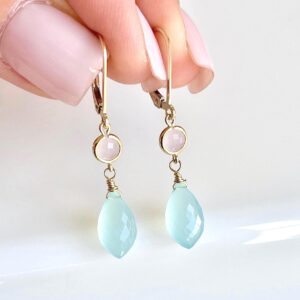 Chalcedony and Rose Quartz Earrings, Aqua Chalcedony and Pink Dangle Drop Earrings in Gold, Elegant Gemstone Jewelry, Holiday Gift for her