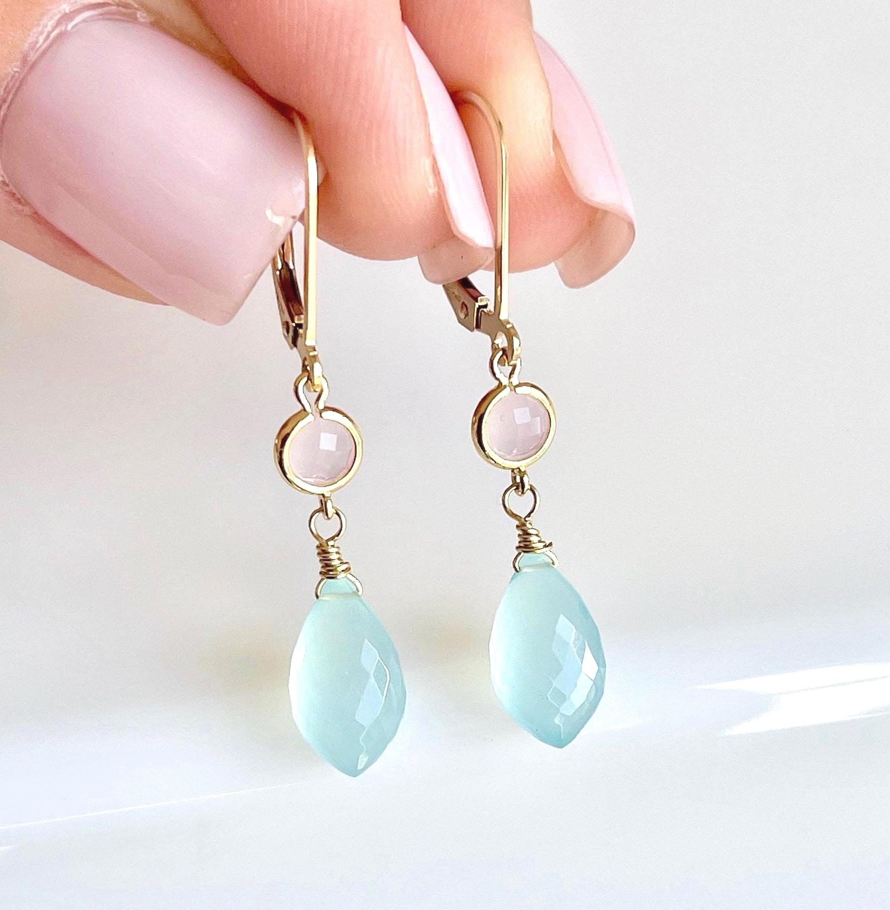 Chalcedony And Rose Quartz Earrings, Aqua Chalcedony And Pink Dangle Drop Earrings In Gold, Elegant Gemstone Jewelry, Holiday Gift For Her