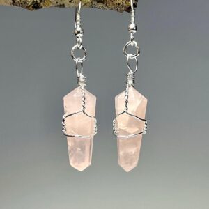 Rose Quartz Crystal Dangle Earrings, Gemstone Wire Wrapped Earrings