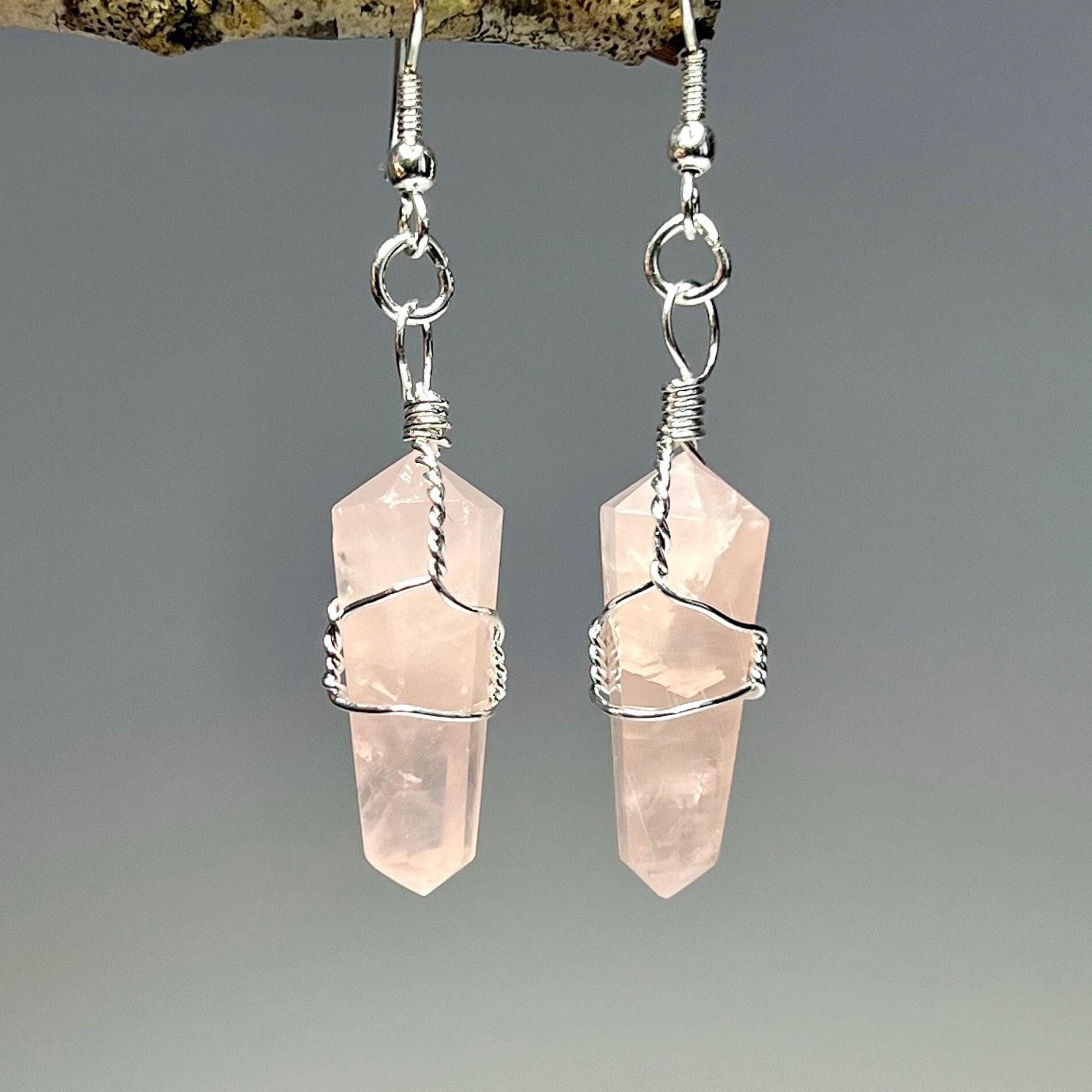 Rose Quartz Crystal Dangle Earrings, Gemstone Wire Wrapped Earrings