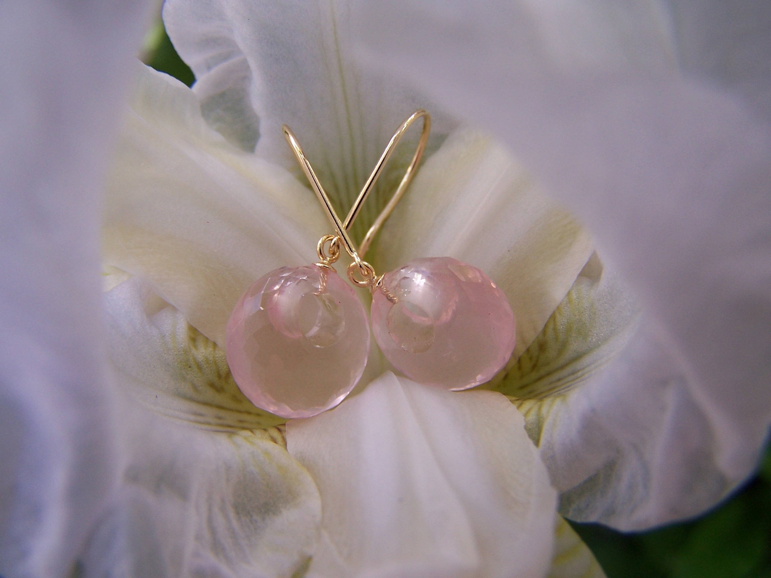 Faceted Rose Quartz Donut Briolette, 14k Solid Gold Hook Style Earwire, Earrings
