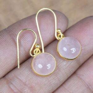Handmade Rose Quartz Earrings: 18K Gold Sterling Silver Hook Earrings
