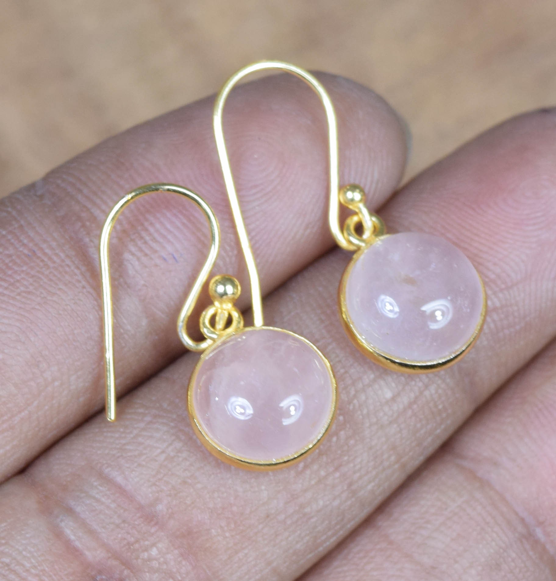 Handmade Rose Quartz Earrings: 18k Gold Sterling Silver Hook Earrings