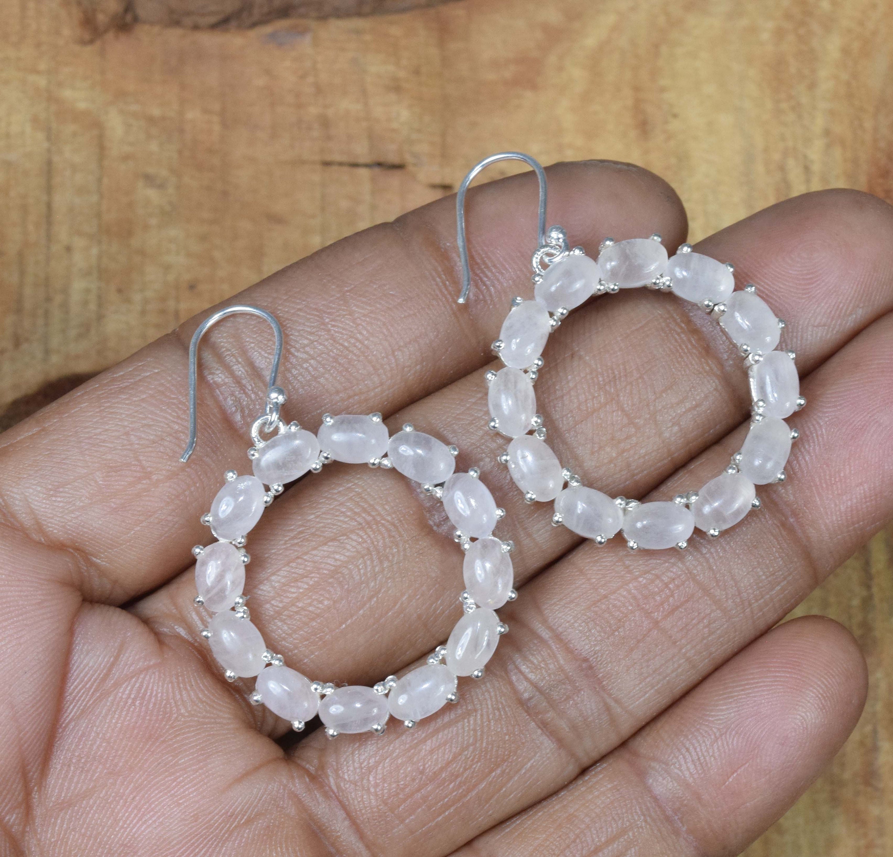 Handmade Rose Quartz 925 Sterling Silver Earrings: Elegant Gemstone Jewelry