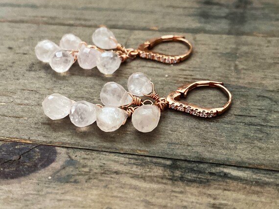 Handmade Rose Quartz Cascade Earrings: Rose Gold Leverbacks
