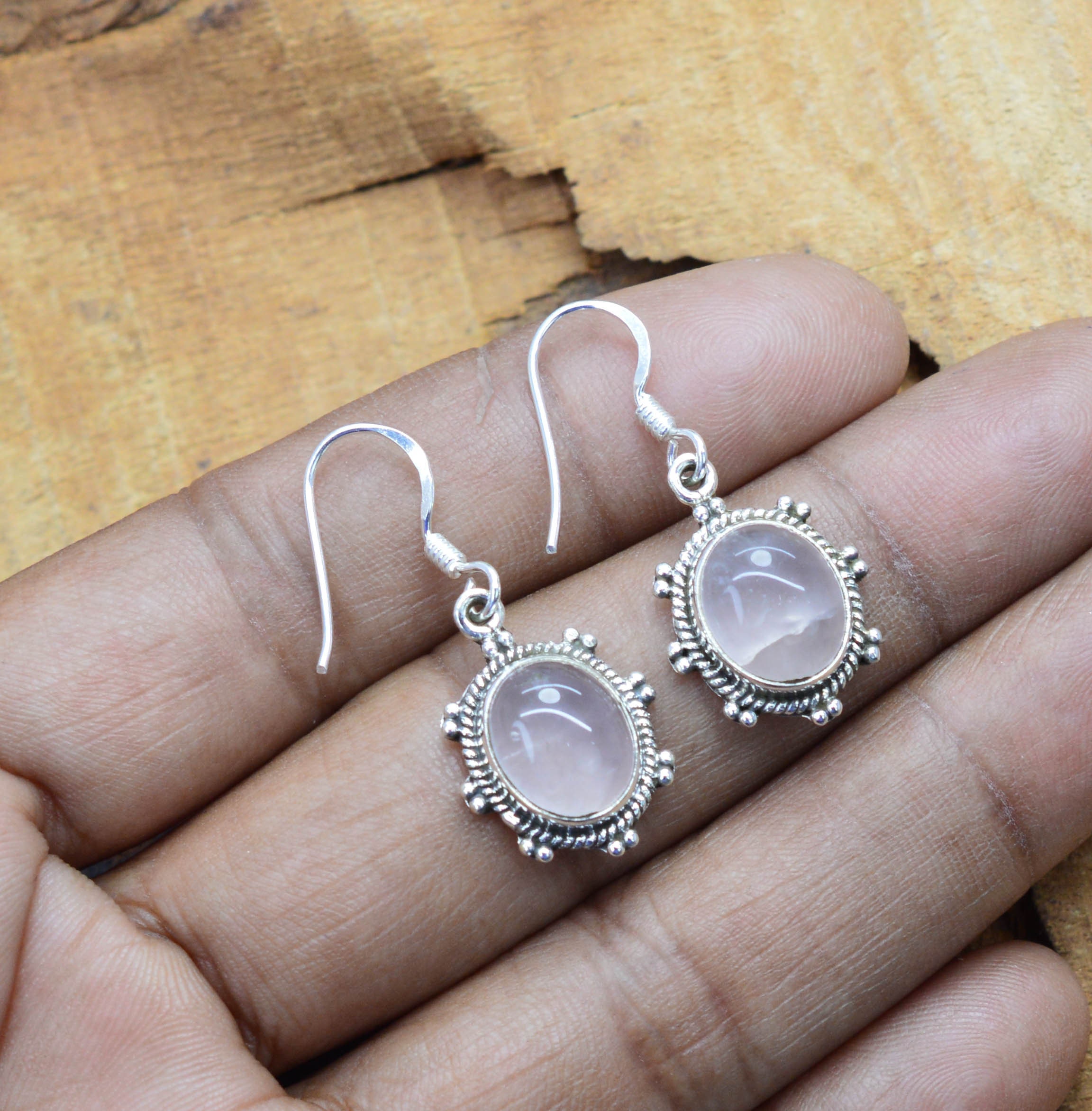 Handmade Rose Quartz Sterling Silver Hook Earrings Handmade Rose Quartz Sterling Silver Hook Earrings