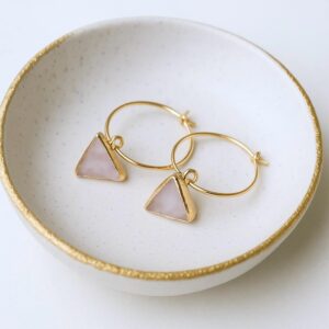 Rose Quartz Hoop Earrings, Geometric Gemstone Gold Hoop Earrings, Triangle Charm Hoops, Pink Crystal Earrings, Minimalist Gift For Her