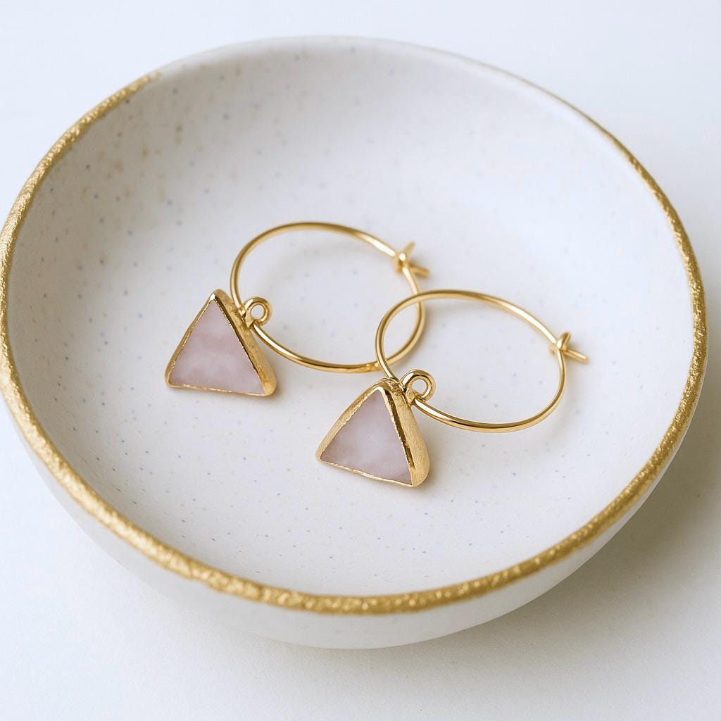 Rose Quartz Hoop Earrings, Geometric Gemstone Gold Hoop Earrings, Triangle Charm Hoops, Pink Crystal Earrings, Minimalist Gift For Her