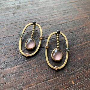 Raw Rose Quartz Earrings, Brass Electroplated Bohemian Dangle Raw Rose Quartz Earrings, Brass Electroplated Bohemian Dangle