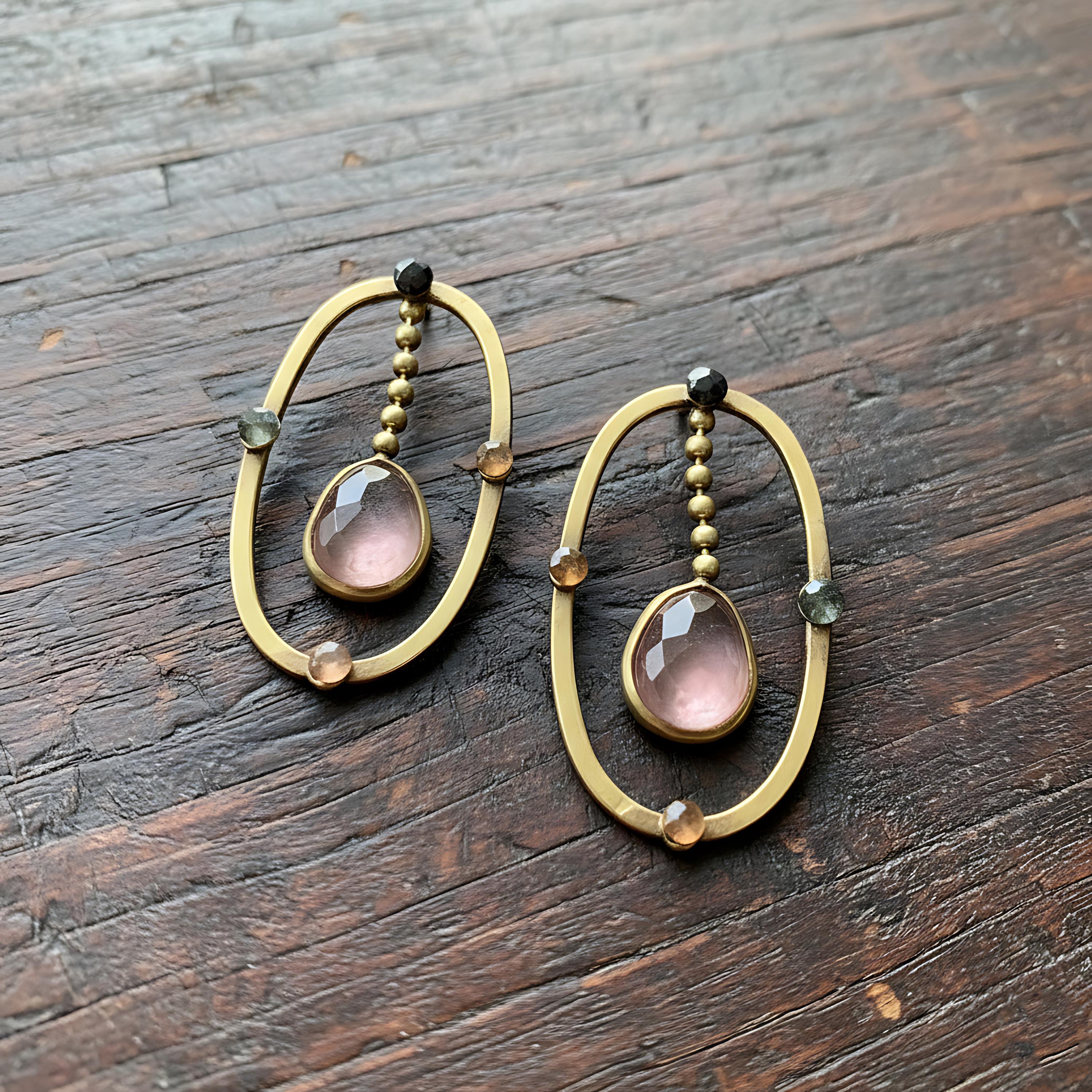 Raw Rose Quartz Earrings, Brass Electroplated Bohemian Dangle Raw Rose Quartz Earrings, Brass Electroplated Bohemian Dangle