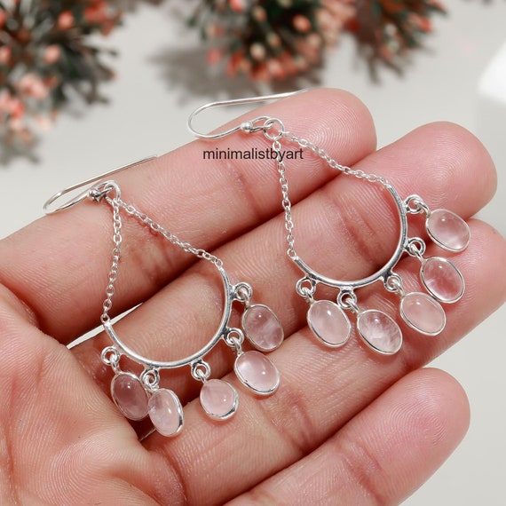 Natural Rose Quartz Sterling Silver Dangle Earrings