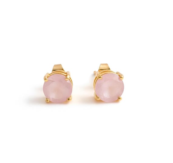 Natural Rose Quartz Stud Earrings: Round Sterling Silver Studs, Handmade Prong Minimalist Studs