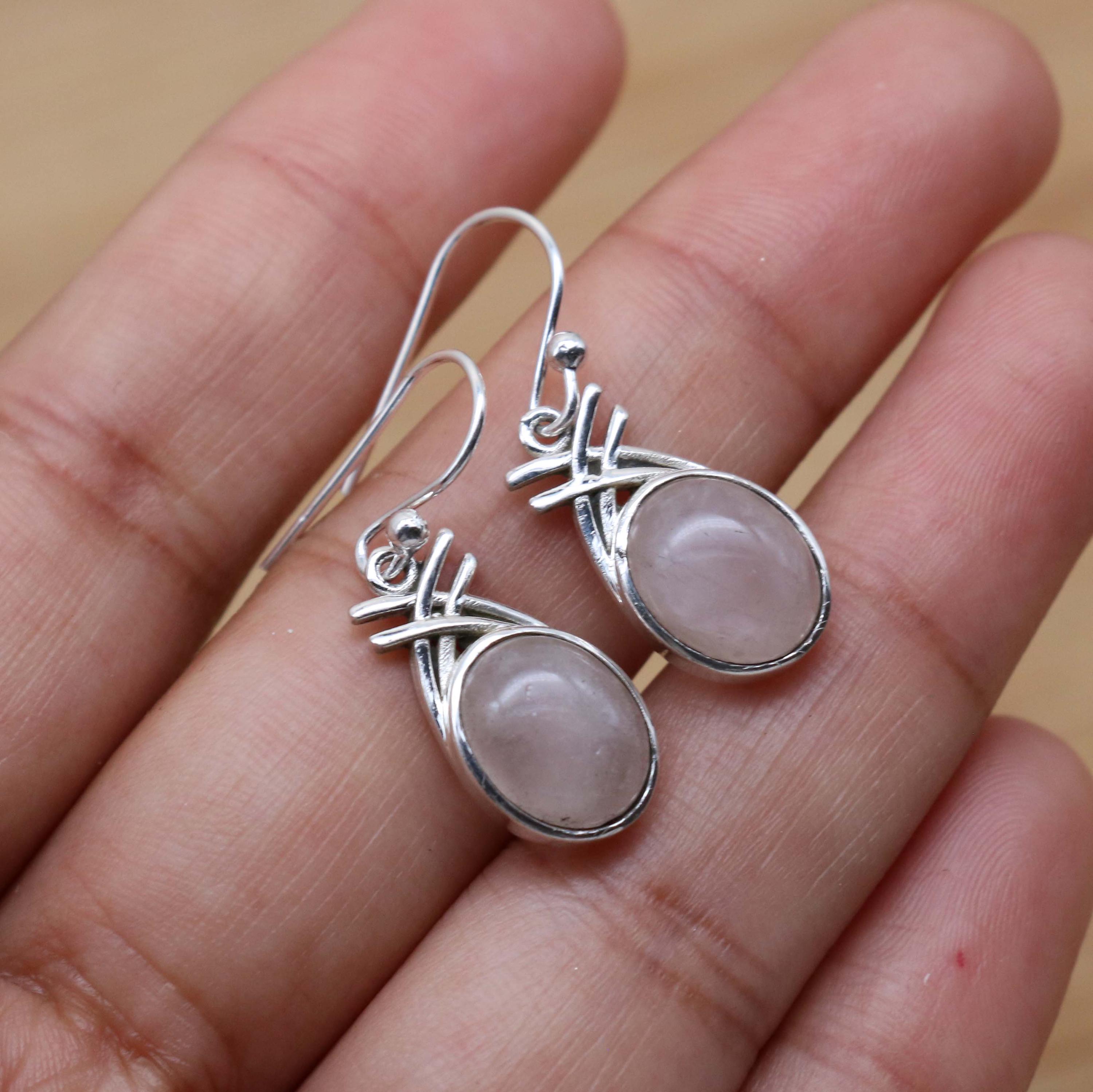 Pink Rose Quartz 925 Sterling Silver Hook Earring, Love Gemstone Handmade Jewelry