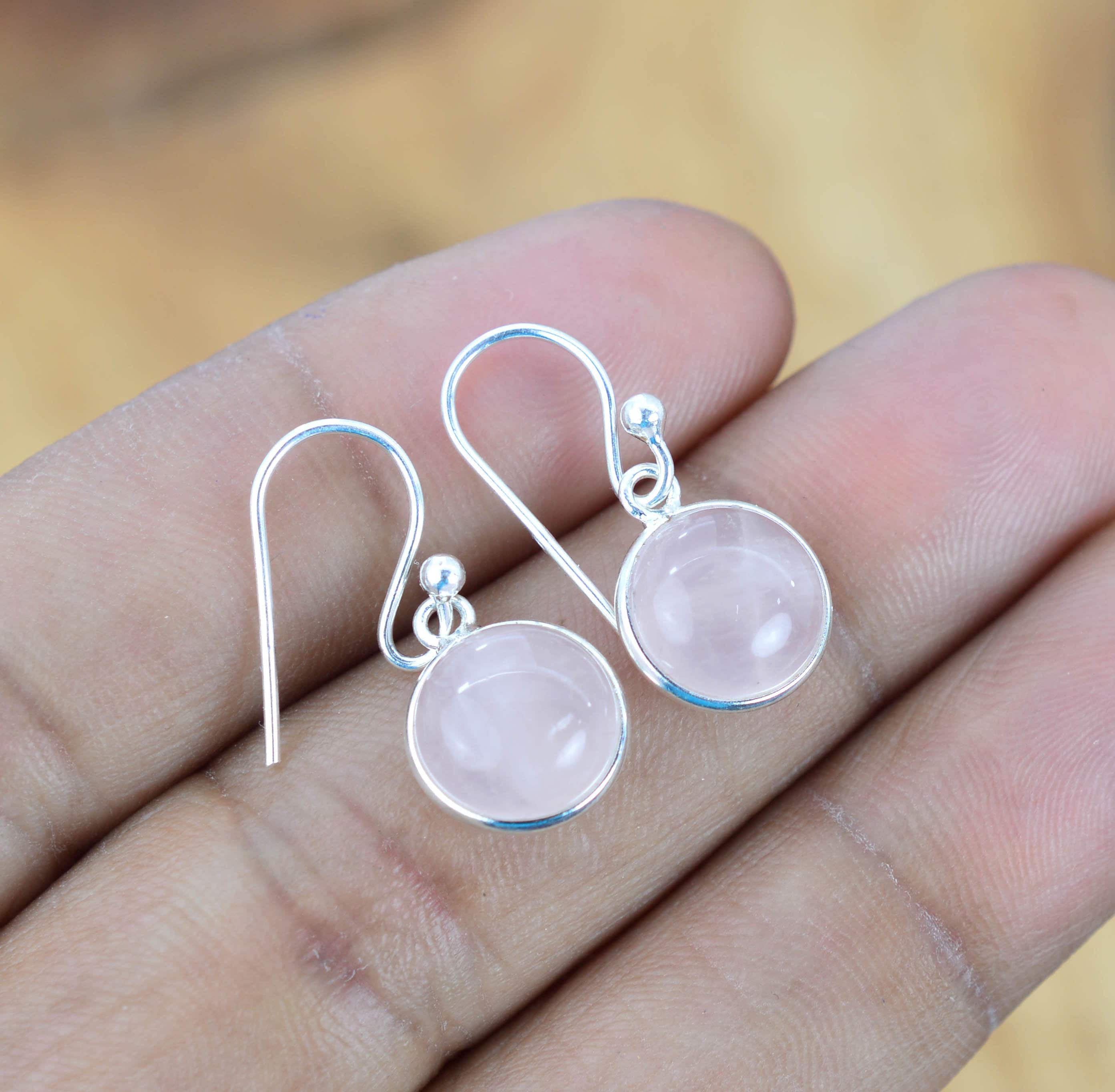 Pink Rose Quartz 925 Sterling Silver Round Shape 1 Pair Hook Earring