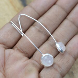 Pink Rose Quartz 925 Sterling Silver Round Shape Gemstone Jewelry 1 PAIR Wire Earring