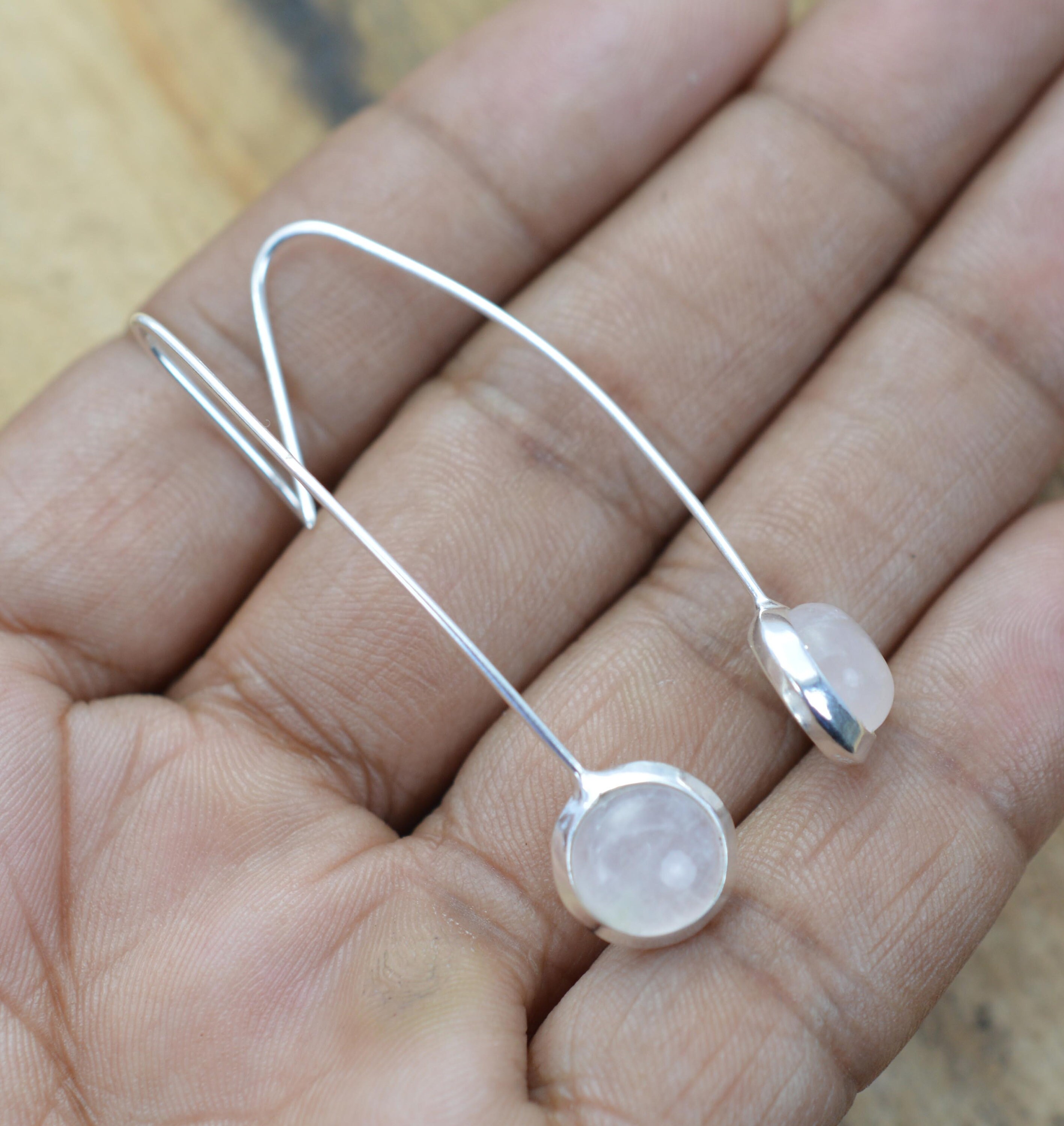 Pink Rose Quartz 925 Sterling Silver Round Shape Gemstone Jewelry 1 Pair Wire Earring