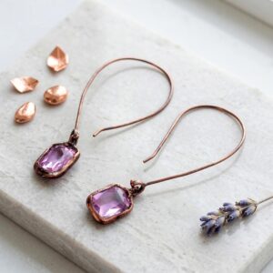 Pink Rose Quartz Dangle Earrings, Handmade Copper Gemstone Earrings