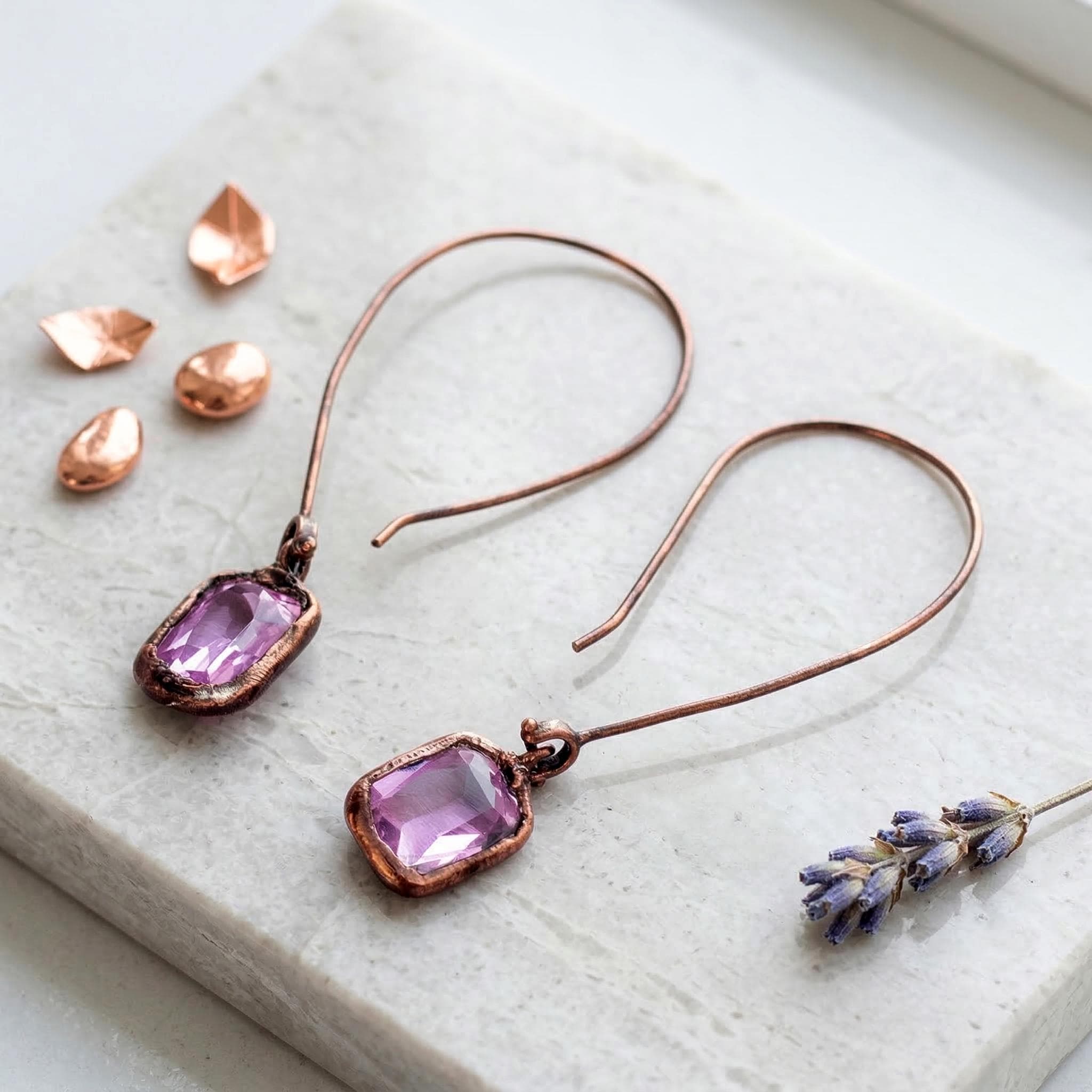 Pink Rose Quartz Dangle Earrings, Handmade Copper Gemstone Earrings