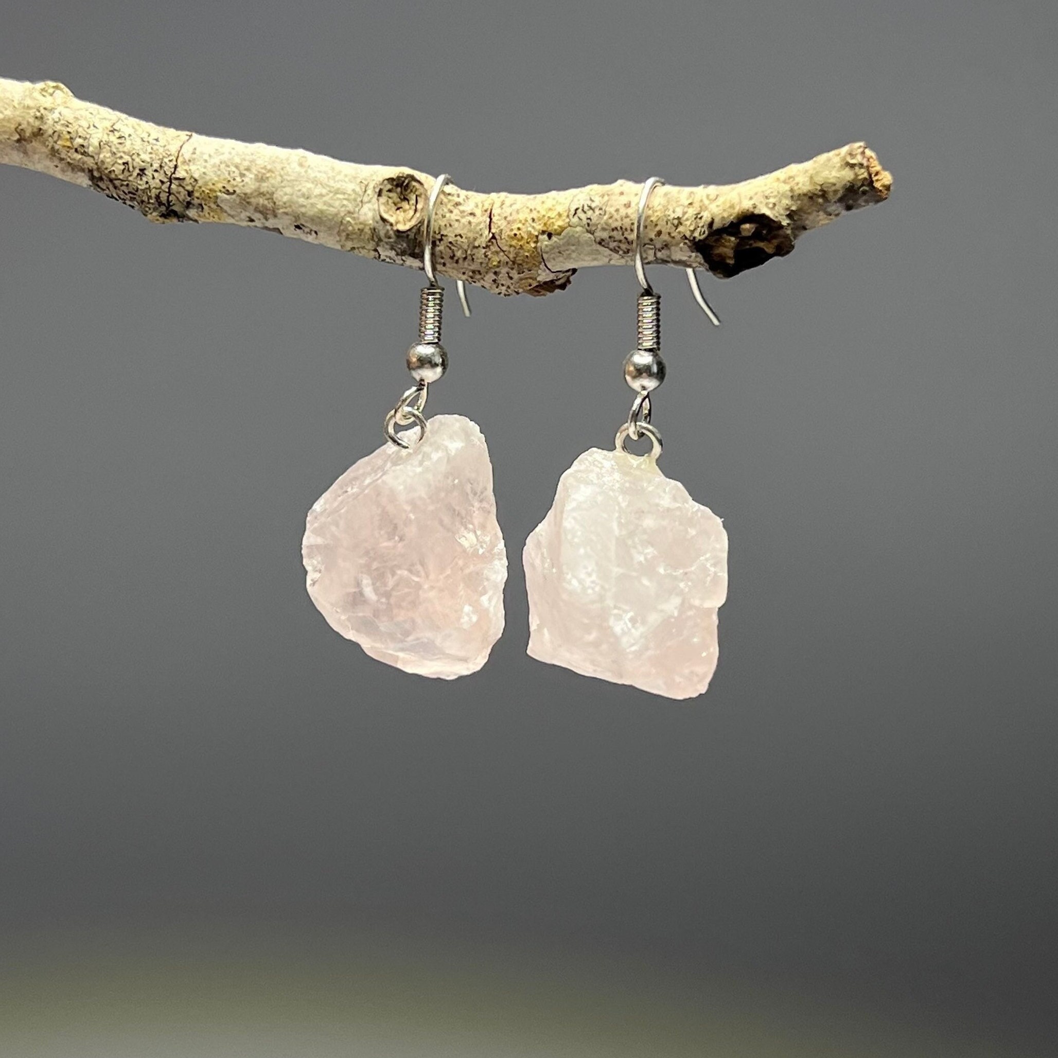 Raw Rose Quartz Dangle Earrings: Sterling Silver, Rough Gemstone