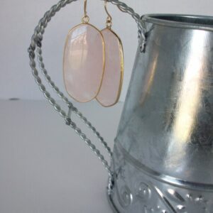Rose Quartz Earrings set in Gold • Pink Stone Large Oval Rose Quartz Earrings